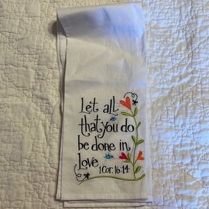 1Cor.16:14 embroidered on a cotton kitchen dishcloth. New never used no tag